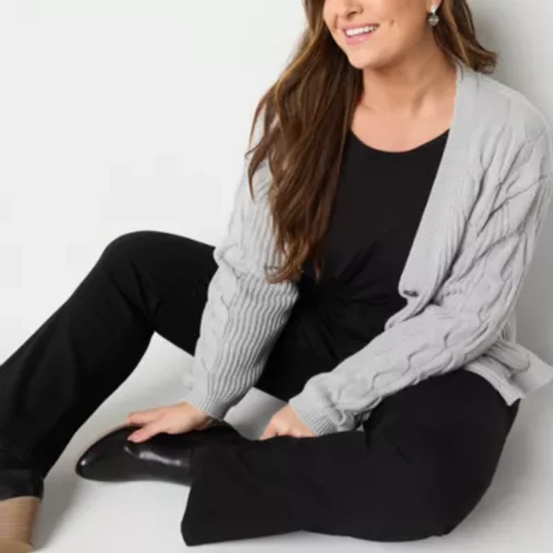 St. John's Bay Womens V Neck Long Sleeve Open Front Plus Cable Knit Cardigan