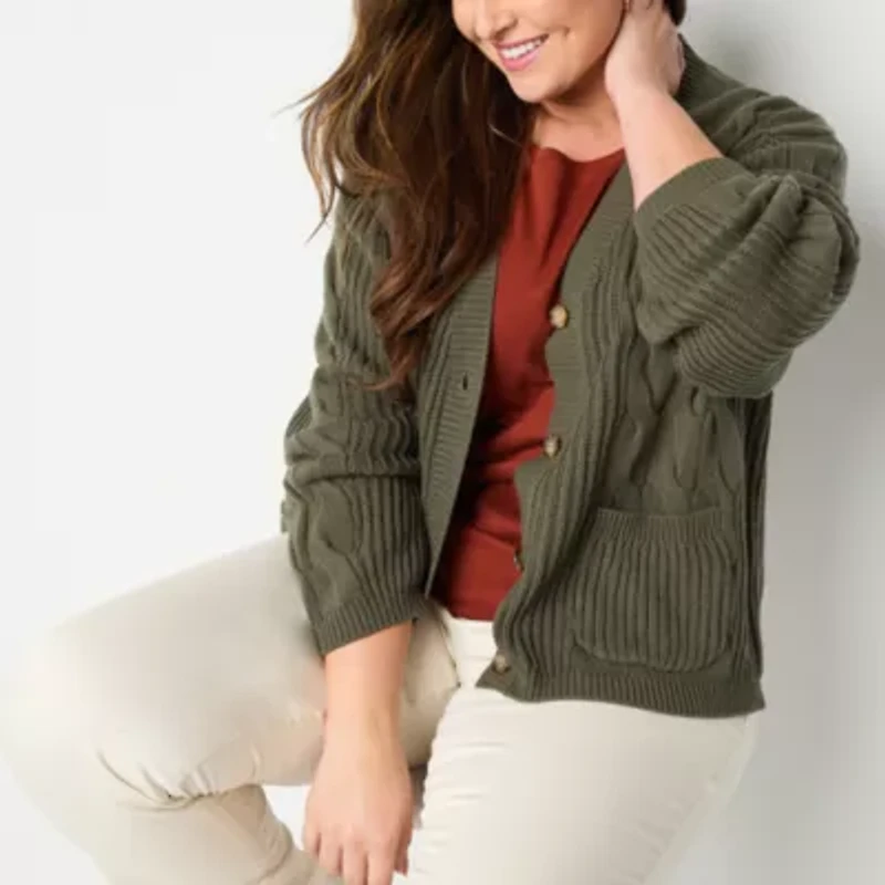 St. John's Bay Womens V Neck Long Sleeve Open Front Plus Cable Knit Cardigan