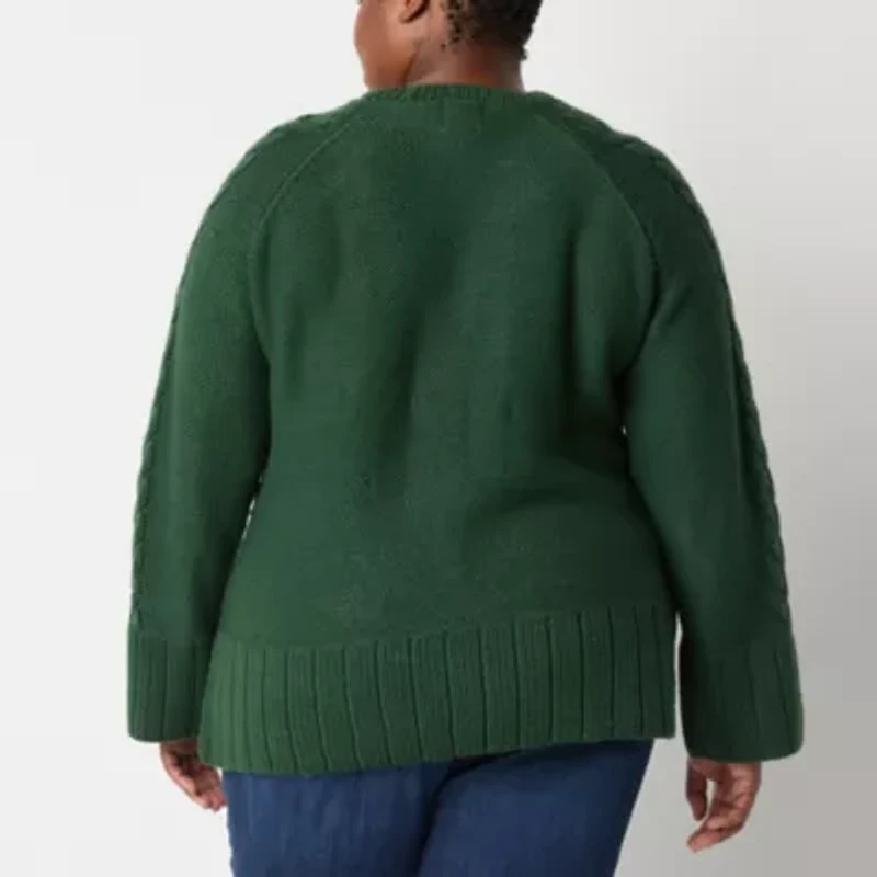 St. John's Bay Plus Womens Crew Neck Long Sleeve Cable Knit Pullover Sweater