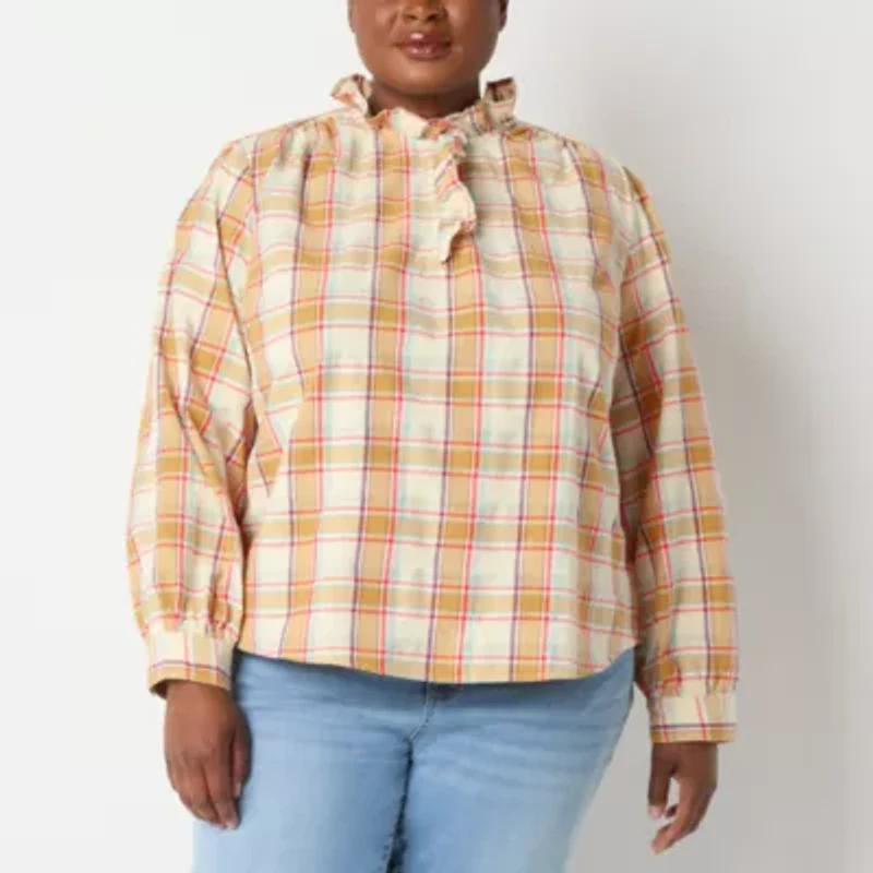 St. John's Bay Womens Asymmetrical Neck Long Sleeve Plus Blouse