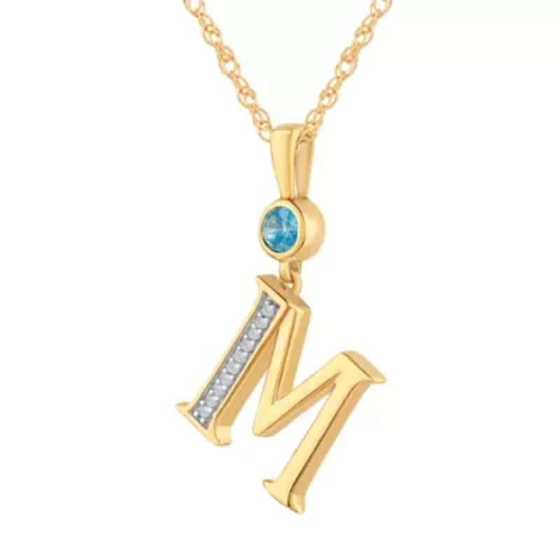"M" Womens Genuine Blue Topaz 14K Gold Over Silver 18 Inch Pendant Necklace