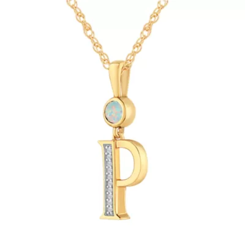 P" Womens Lab Created White Opal 14K Gold Over Silver 18 Inch Pendant Necklace