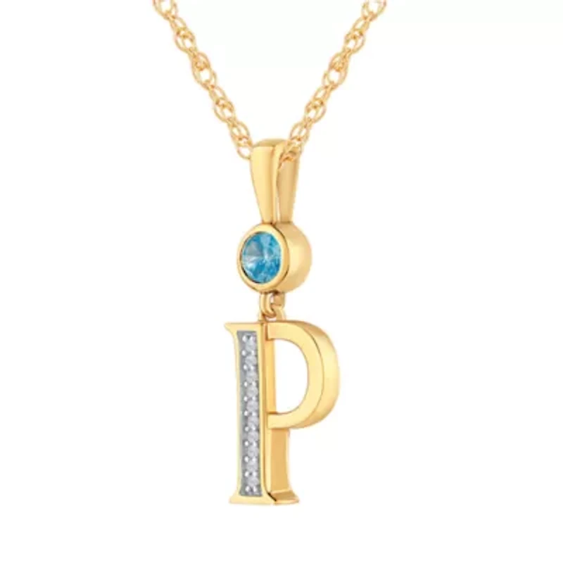 P" Womens Genuine Blue Topaz 14K Gold Over Silver 18 Inch Pendant Necklace