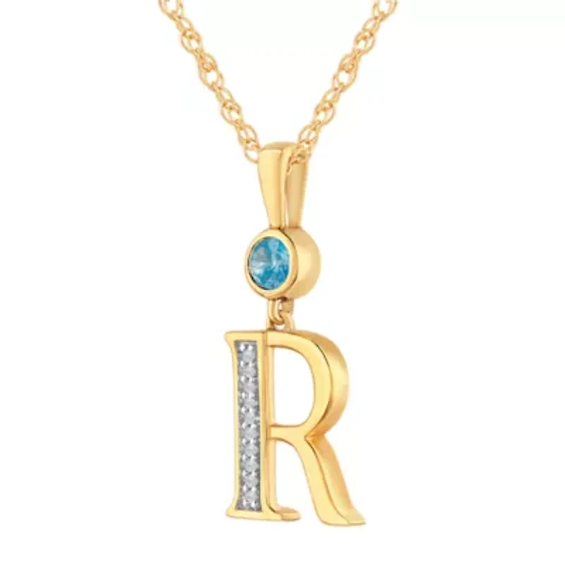 "R" Womens Genuine Blue Topaz 14K Gold Over Silver 18 Inch Pendant Necklace
