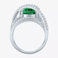 Lab-Created Emerald & White Sapphire Sterling Silver Cocktail Ring