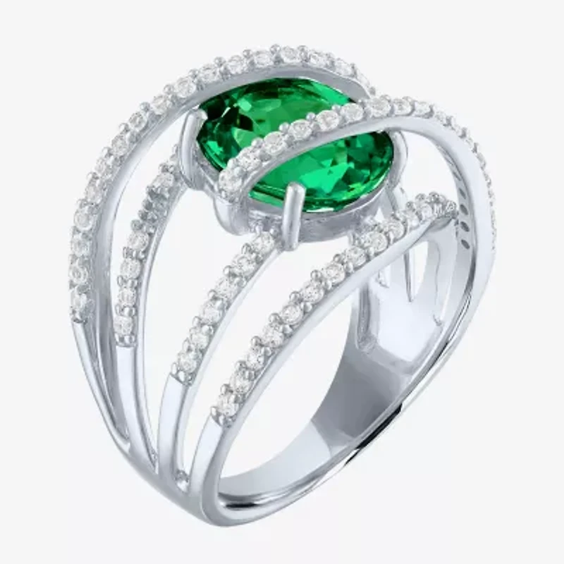 Lab-Created Emerald & White Sapphire Sterling Silver Cocktail Ring