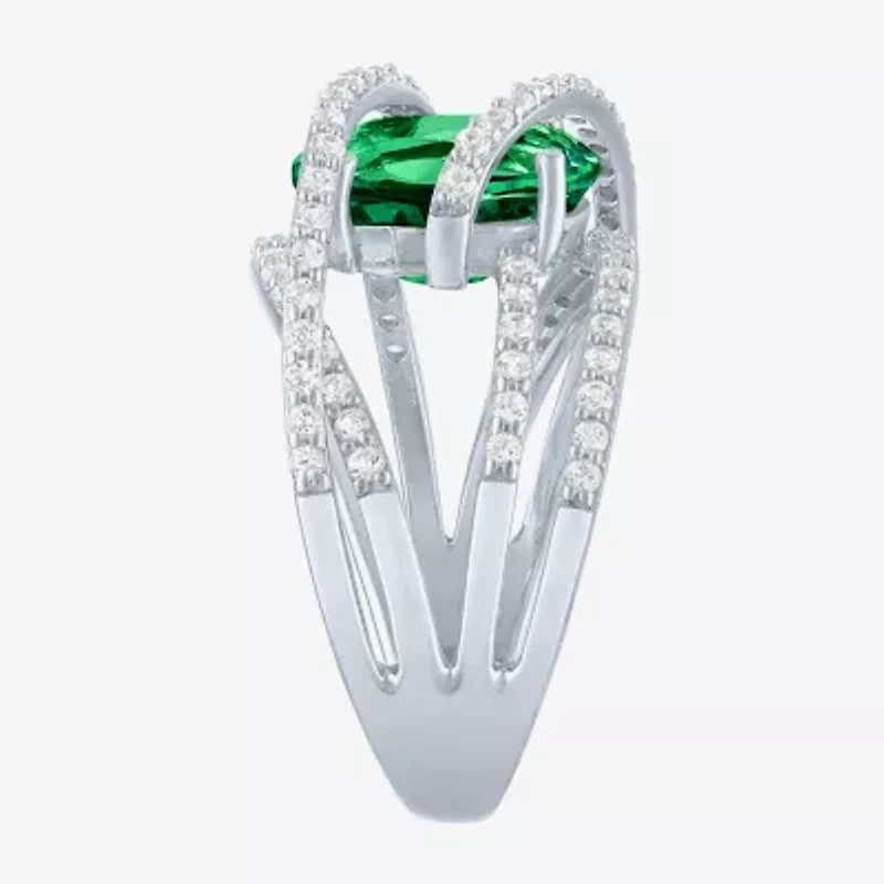 Lab-Created Emerald & White Sapphire Sterling Silver Cocktail Ring