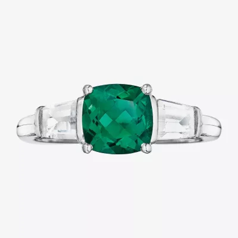 Simulated Emerald & Lab-Created White Sapphire Sterling Silver 3-Stone Ring