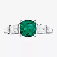Simulated Emerald & Lab-Created White Sapphire Sterling Silver 3-Stone Ring