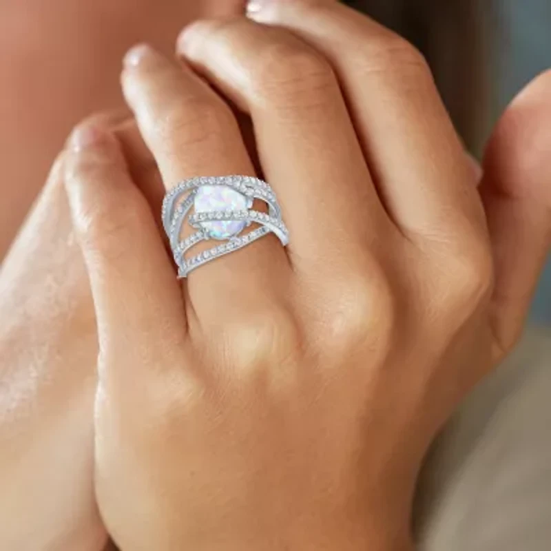Womens Lab-Created Opal & White Sapphire Sterling Silver Cocktail Ring