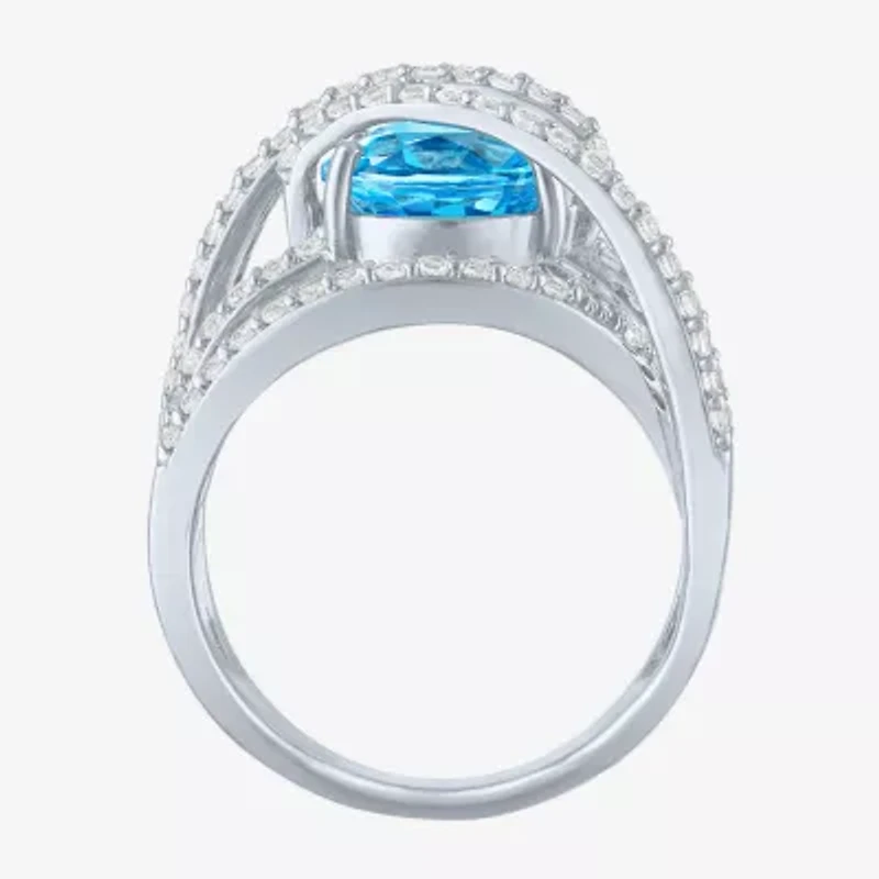 Womens Genuine Blue Topaz & Lab-Created White Sapphires Sterling Silver Cocktail Ring