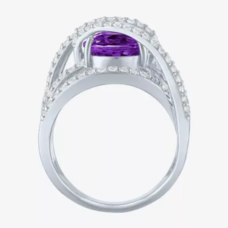 Womens Genuine Purple Amethyst Sterling Silver Cocktail Ring