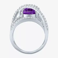 Womens Genuine Purple Amethyst Sterling Silver Cocktail Ring