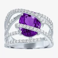 Womens Genuine Purple Amethyst Sterling Silver Cocktail Ring