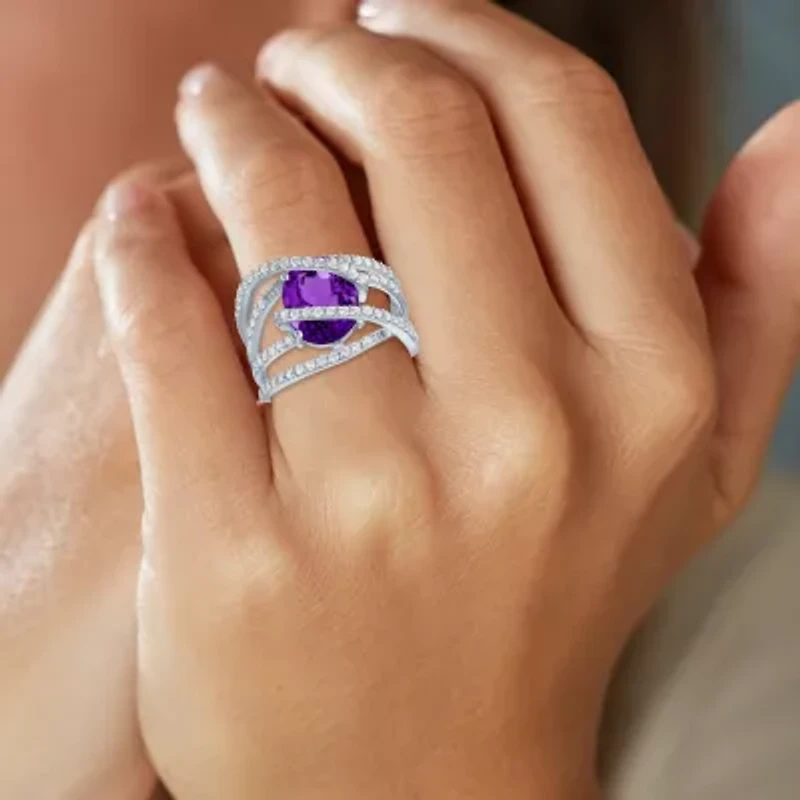 Womens Genuine Purple Amethyst Sterling Silver Cocktail Ring