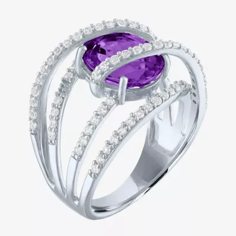 Womens Genuine Purple Amethyst Sterling Silver Cocktail Ring