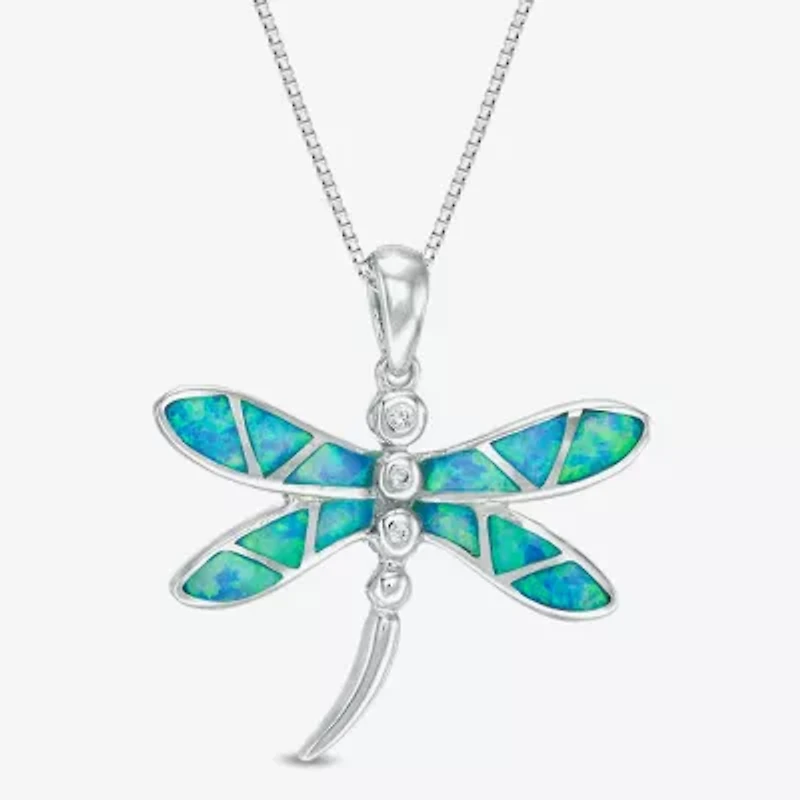Dragon Fly Womens Lab Created Blue Opal Sterling Silver 18 Inch Pendant Necklace