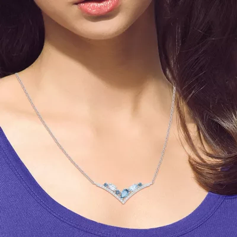 Womens Blue Topaz Sterling Silver 18 Inch Chevron Necklace