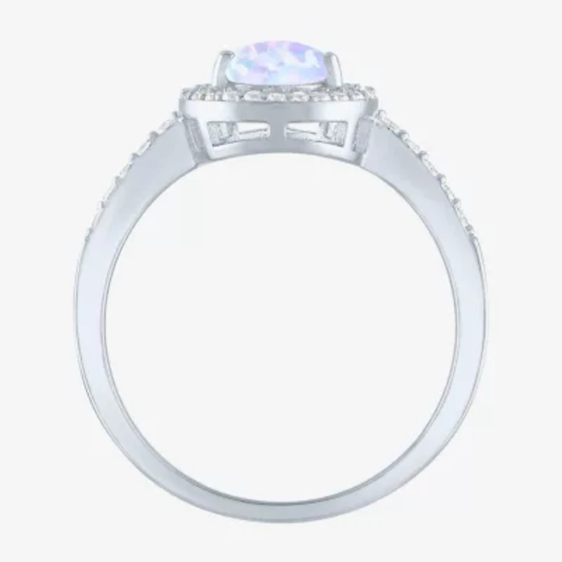 Yes, Please! Womens Lab Created White Opal Sterling Silver Pear Halo Cocktail Ring
