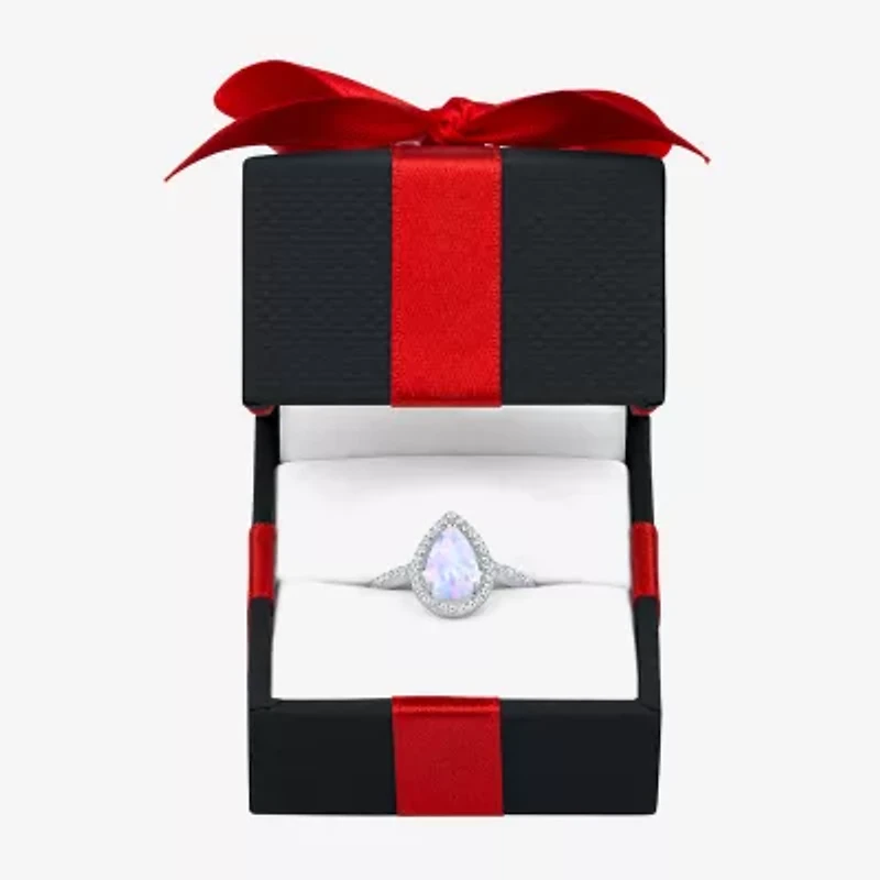 Yes, Please! Womens Lab Created White Opal Sterling Silver Pear Halo Cocktail Ring