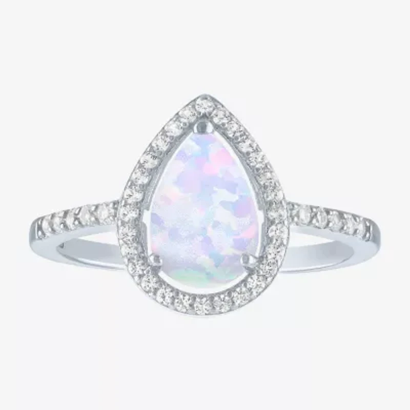 Yes, Please! Womens Lab Created White Opal Sterling Silver Pear Halo Cocktail Ring
