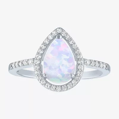 Yes, Please! Womens Lab Created White Opal Sterling Silver Pear Halo Cocktail Ring