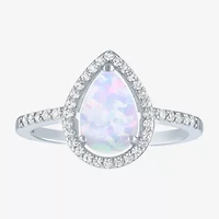 Yes, Please! Womens Lab Created White Opal Sterling Silver Pear Halo Cocktail Ring