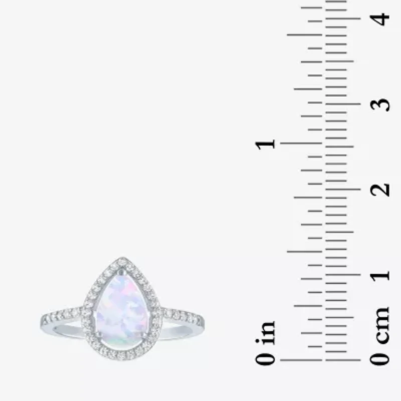 Yes, Please! Womens Lab Created White Opal Sterling Silver Pear Halo Cocktail Ring