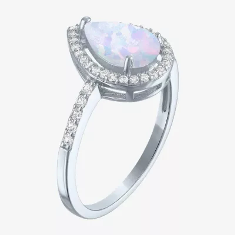 Yes, Please! Womens Lab Created White Opal Sterling Silver Pear Halo Cocktail Ring