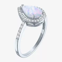 Yes, Please! Womens Lab Created White Opal Sterling Silver Pear Halo Cocktail Ring