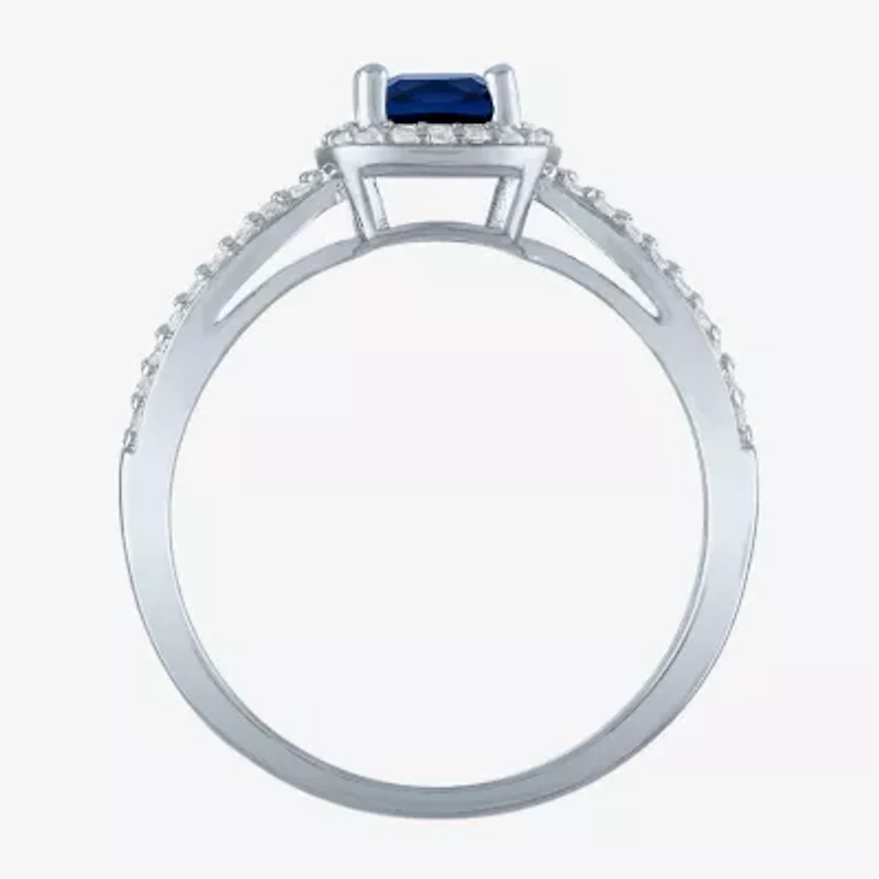 Yes, Please! Womens Lab Created Blue Sapphire Sterling Silver Cushion Halo Cocktail Ring