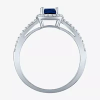 Yes, Please! Womens Lab Created Blue Sapphire Sterling Silver Cushion Halo Cocktail Ring
