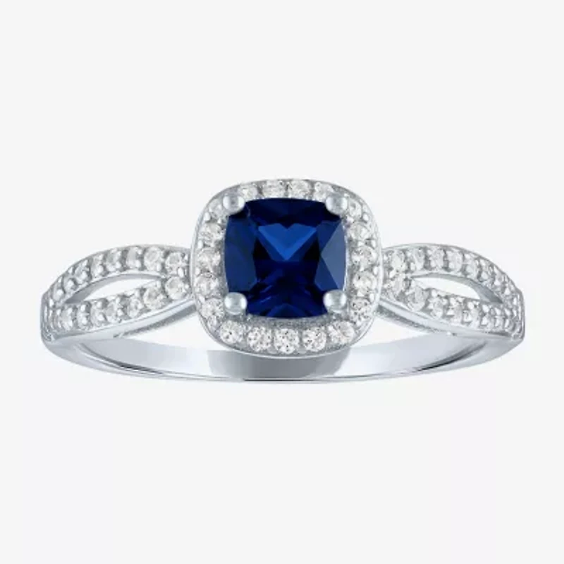 Yes, Please! Womens Lab Created Blue Sapphire Sterling Silver Cushion Halo Cocktail Ring
