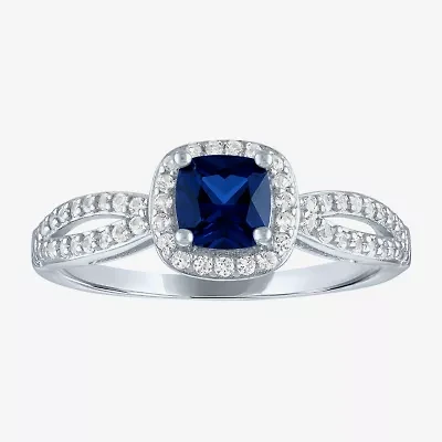 Yes, Please! Womens Lab Created Blue Sapphire Sterling Silver Cushion Halo Cocktail Ring