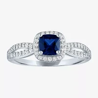 Yes, Please! Womens Lab Created Blue Sapphire Sterling Silver Cushion Halo Cocktail Ring