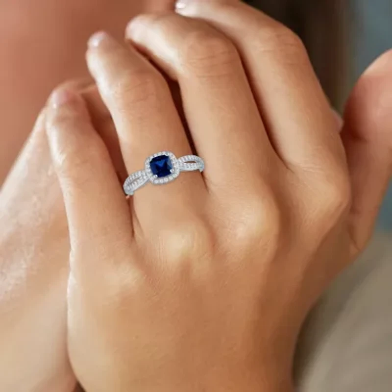 Yes, Please! Womens Lab Created Blue Sapphire Sterling Silver Cushion Halo Cocktail Ring