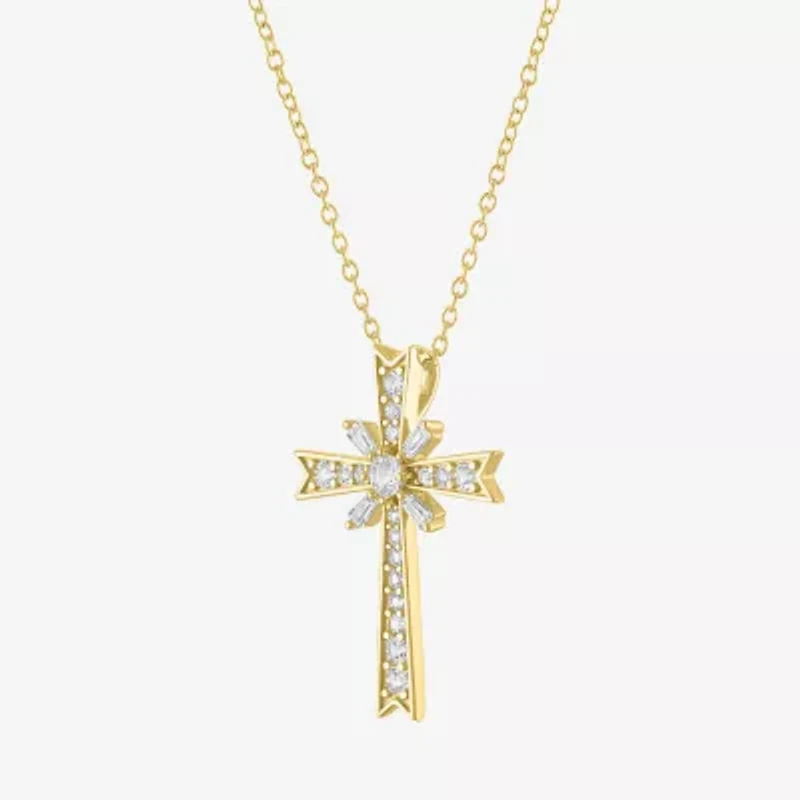 Yes, Please! Womens Lab Created White Sapphire 14K Gold Over Silver Cross 18 Inch Pendant Necklace