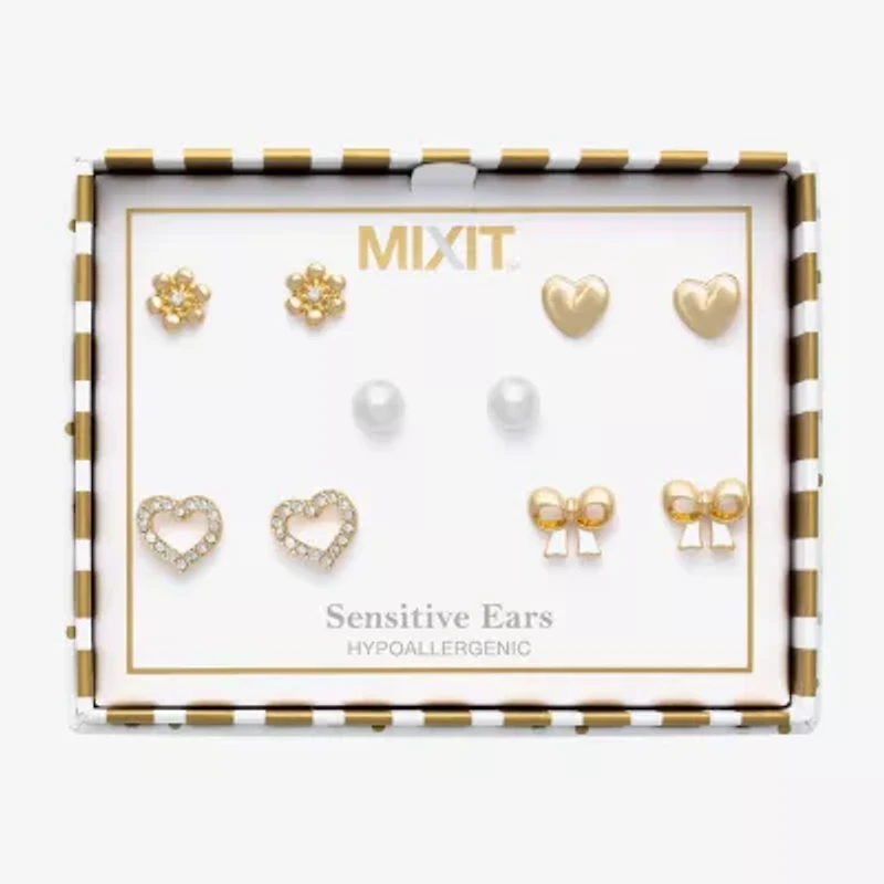 Mixit Womens Cubic Zirconia Simulated Pearl Bow Flower Heart Hypoallergenic 5 Pair Earring Set