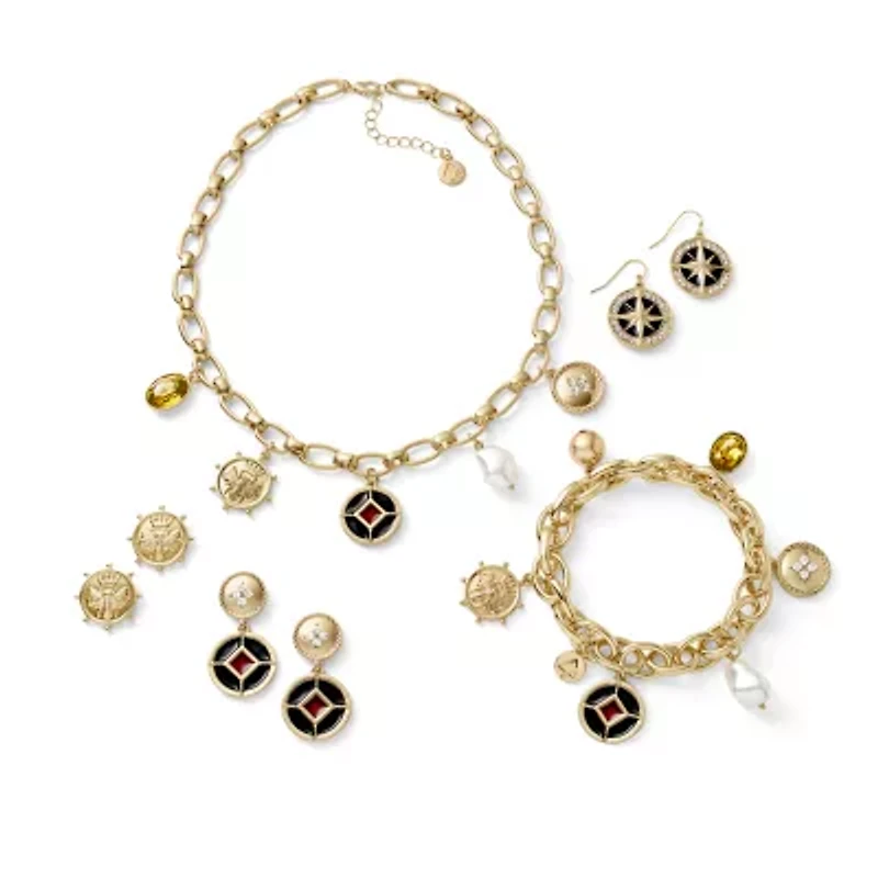 Liz Claiborne Gold Tone Nautical Womens Glass Simulated Pearl Charm Bracelet
