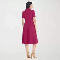Ivy & Blue Womens Short Sleeve Midi Fit + Flare Dress