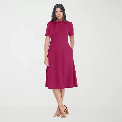Ivy & Blue Womens Short Sleeve Midi Fit + Flare Dress