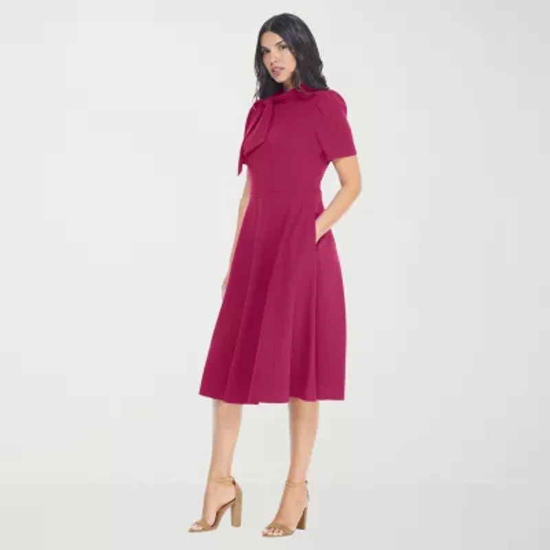 Ivy & Blue Womens Short Sleeve Midi Fit + Flare Dress