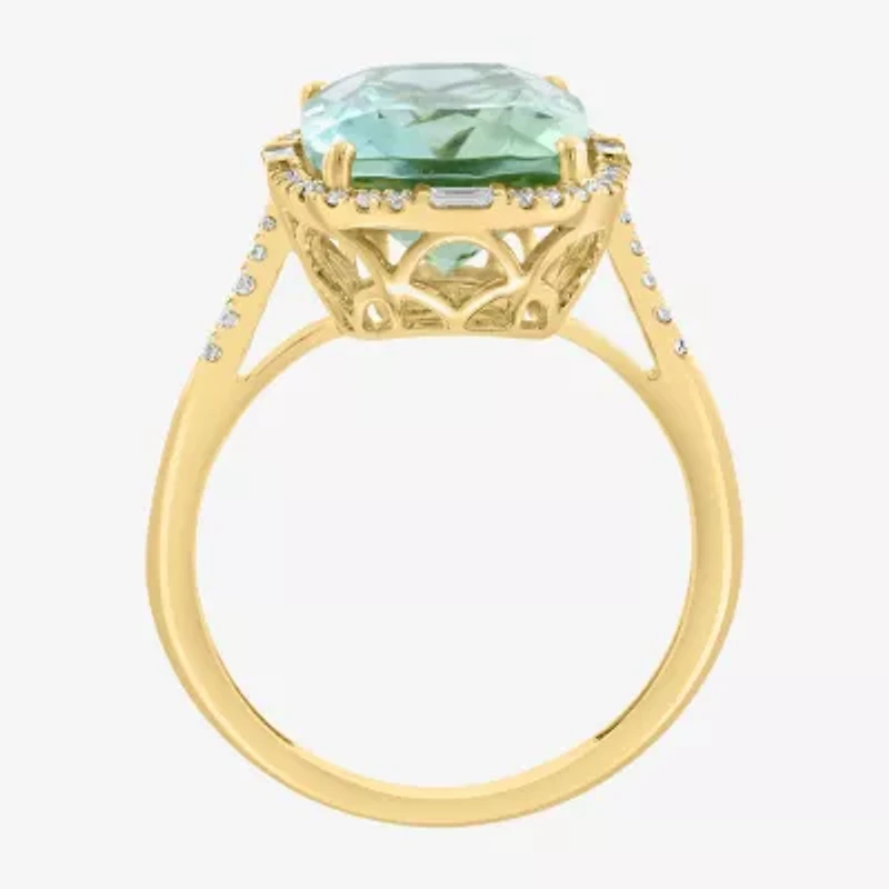 Effy Final Call Womens 1/5 CT. Genuine Green Amethyst 14K Gold Cushion Halo Side Stone Cocktail Ring