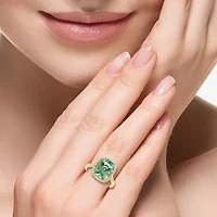 Effy Final Call Womens 1/5 CT. Genuine Green Amethyst 14K Gold Cushion Halo Side Stone Cocktail Ring