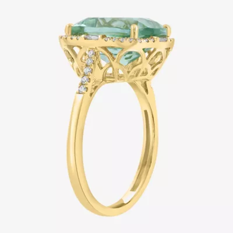 Effy Final Call Womens 1/5 CT. Genuine Green Amethyst 14K Gold Cushion Halo Side Stone Cocktail Ring