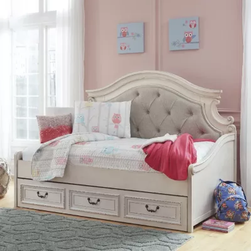 Signature Design by Ashley Realyn Twin Upholstered Daybed with 1 Large Storage Drawer in Chipped White