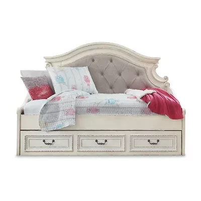 Signature Design by Ashley Realyn Twin Upholstered Daybed with 1 Large Storage Drawer in Chipped White