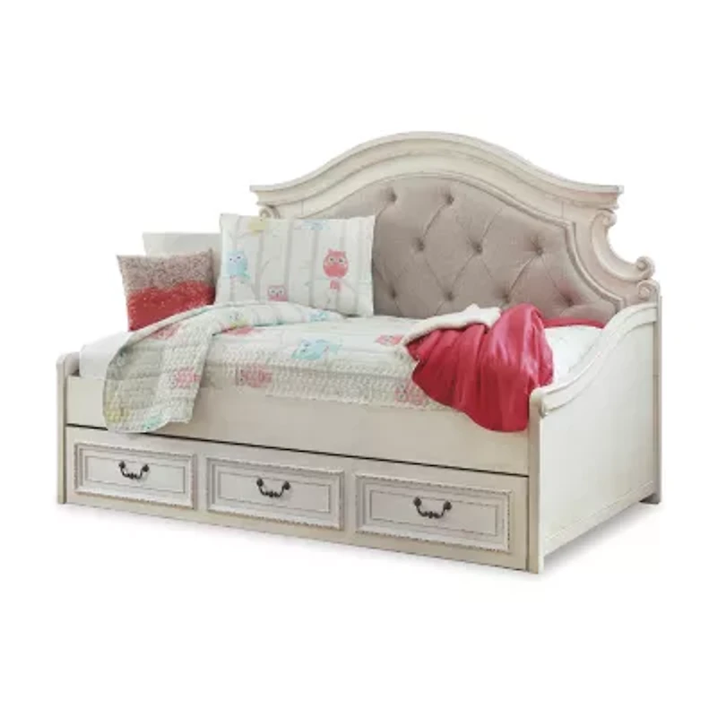 Signature Design by Ashley Realyn Twin Upholstered Daybed with 1 Large Storage Drawer in Chipped White
