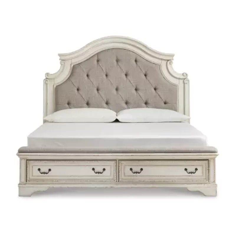 Signature Design by Ashley Realyn Upholstered Panel Bed with 2 Storage Drawers Chipped White