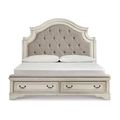 Signature Design by Ashley Realyn Upholstered Panel Bed with 2 Storage Drawers Chipped White